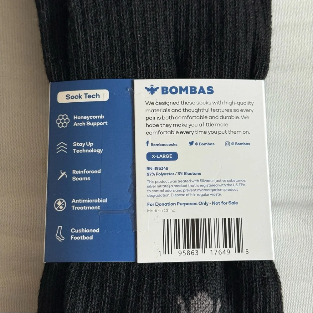 Bombas Black Crew Calf Socks Honeycomb Arch Support Size XL 13-16 Cushioned Foot